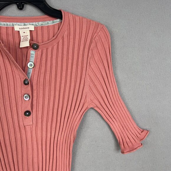Sundance Shirt Womens Medium Pink Ribbed Henley Lettuce Hem Stretch Organic - Picture 4 of 13